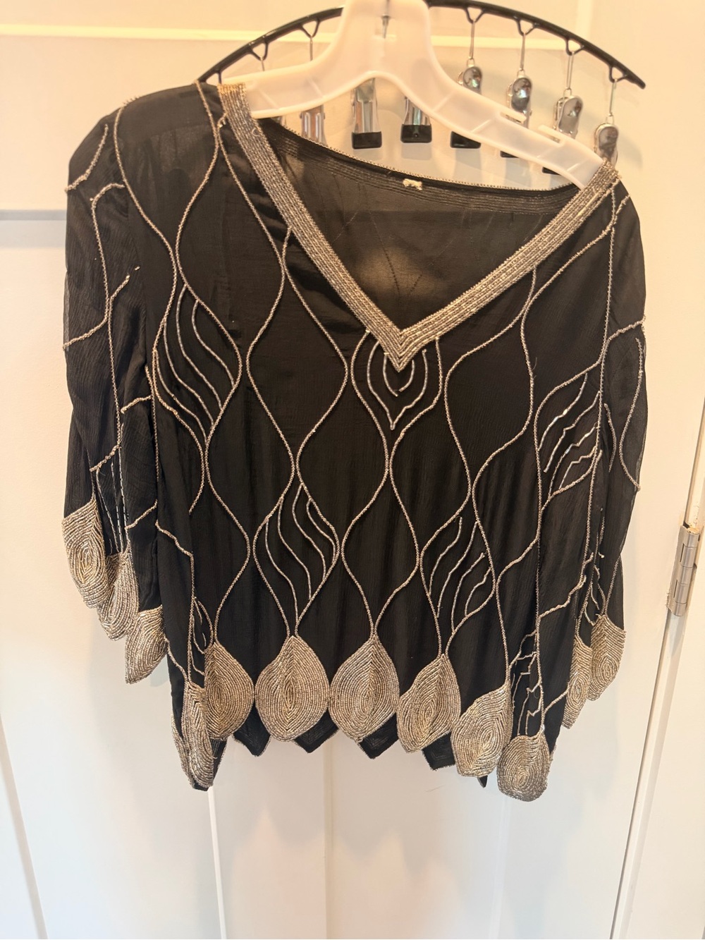 Vintage Style Silver Beaded Sheer Black Top Womens Medium Art Deco Flapper Gatsb